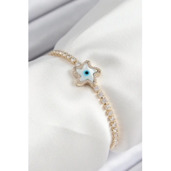 Pirinç Zirkon Taşlı Nazar Yıldız Model Gold Renk Asansörlü Kadın Bileklik - TJ-BB7470