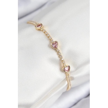 Pirinç Zirkon Taşlı Pembe Kalp Model Gold Renk Kadın Bileklik - TJ-BB7687