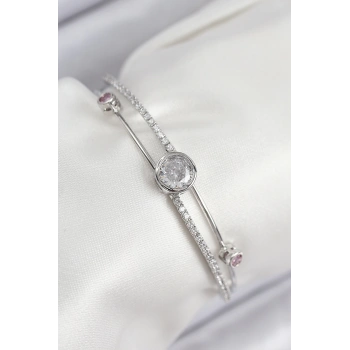 Pirinç Zirkon Taşlı Pırlanta Model Gümüş Renk Kadın Bileklik - TJ-BB7880