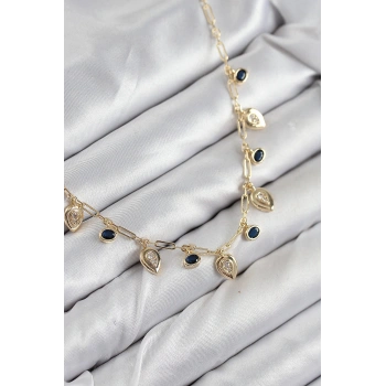 Pirinç Zirkon Taşlı Sallantılı Damla Model Gold Renk Kadın Kolye - TJ-BKO10494