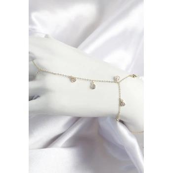 Pirinç Zirkon Taşlı Sallantılı Damla Model Gold Renk Kadın Şahmeran - TJ-SN703