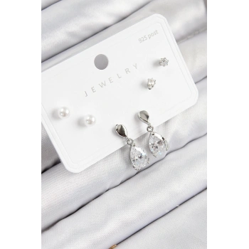 Pirinç Zirkon Taşlı Sallantılı Damla Model Gümüş Renk 925 Ayar Gümüş Çivi Kadın Küpe Set - TJ-BKP11171