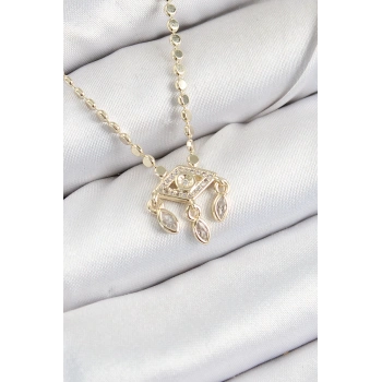 Pirinç Zirkon Taşlı Sallantılı Göz Model Ezme Zincir Gold Renk Kadın Kolye - TJ-BKO10389