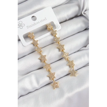 Pirinç Zirkon Taşlı Sallantılı Yıldız Model Gold Renk Kadın Küpe - TJ-BKP10912