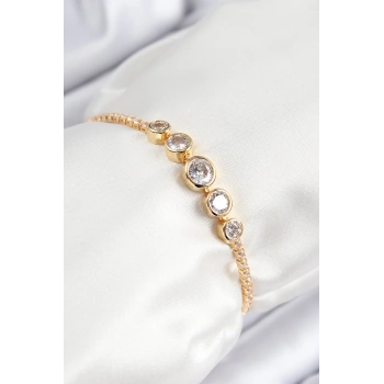 Pirinç Zirkon Taşlı Sıralı Daire Model Gold Renk Asansörlü Kadın Bileklik - TJ-BB7719