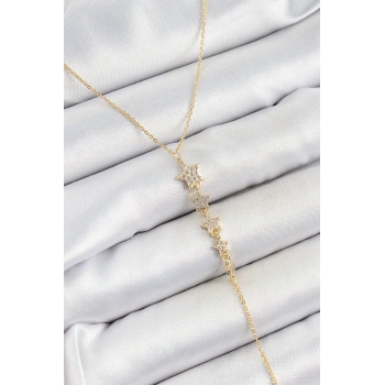 Pirinç Zirkon Taşlı Sıralı Yıldız Figürlü Y Model Gold Renk Kadın Kolye - TJ-BKO10314