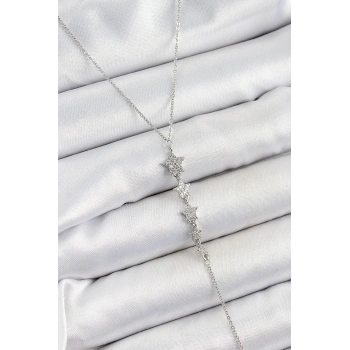 Pirinç Zirkon Taşlı Sıralı Yıldız Figürlü Y Model Gümüş Renk Kadın Kolye - TJ-BKO10313