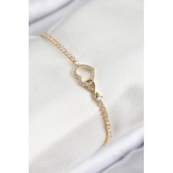 Pirinç Zirkon Taşlı Sonsuzluk Kalp Model Gold Renk Kadın Bileklik - TJ-BB7693