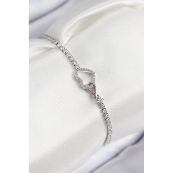 Pirinç Zirkon Taşlı Sonsuzluk Kalp Model Gümüş Renk Kadın Bileklik - TJ-BB7692