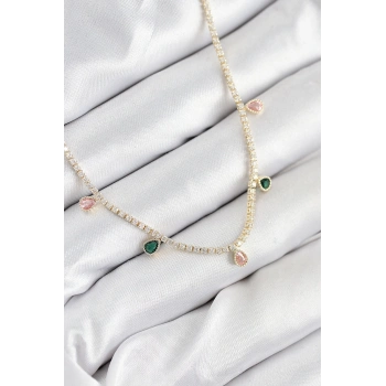 Pirinç Zirkon Taşlı Su Yolu Damla Model Gold Renk Kadın Kolye - TJ-BKO10545