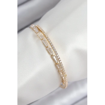 Pirinç Zirkon Taşlı Su Yolu Model Gold Renk Kadın Bileklik - TJ-BB7881