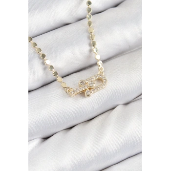 Pirinç Zirkon Taşlı Tifany Model Ezme Zincir Gold Renk Kadın Kolye - TJ-BKO10393