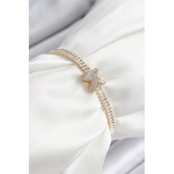 Pirinç Zirkon Taşlı X Detaylı Su Yolu Model Gold Renk Asansörlü Kadın Bileklik - TJ-BB7468