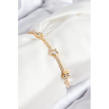 Pirinç Zirkon Taşlı Yıldız Model Gold Renk Asansörlü Kadın Bileklik - TJ-BB7737