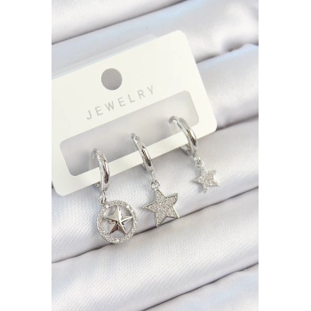 Pirinç Zirkon Taşlı Yıldız Model Gümüş Renk 3lü Çift Kadın Küpe Set - TJ-BKP10809