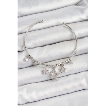Pirinç Zirkon Taşlı Yıldız Model Gümüş Renk Charm Bileklik - TJ-BB7347