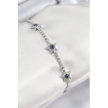 Pirinç Zirkon Taşlı Yıldız Model Gümüş Renk Kadın Bileklik - TJ-BB7700