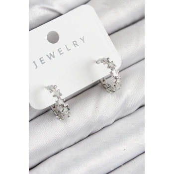 Pirinç Zirkon Taşlı Yıldız Model Gümüş Renk Kadın Küpe - TJ-BKP11065