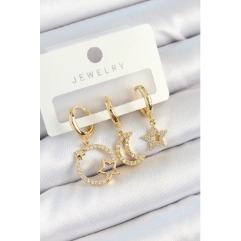 Pirinç Zirkon Taşlı Yıldız Ve Ay Model Gold Renk 3lü Çift Kadın Küpe Set - TJ-BKP10819