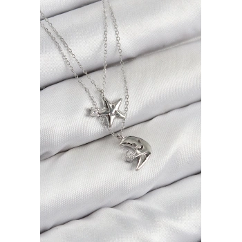 Pirinç Zirkon Taşlı Yıldız Ve Ay Model Gümüş Renk Kadın Kolye - TJ-BKO10423