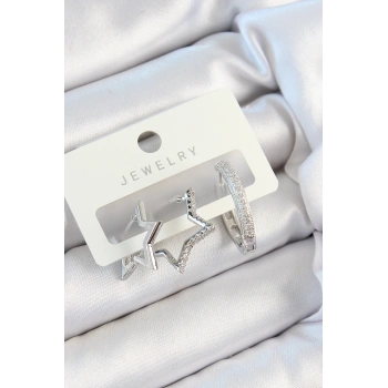 Pirinç Zirkon Taşlı Yıldız Ve Halka Model Gümüş Renk 3lü Çift Kadın Küpe Set - TJ-BKP10808