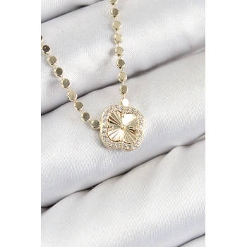 Pirinç Zirkon Taşlı Yonca Model Ezme Zincir Gold Renk Kadın Kolye - TJ-BKO10392