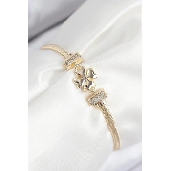 Pirinç Zirkon Taşlı Yonca Model Gold Renk Kadın Bileklik - TJ-BB7897