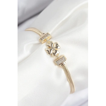 Pirinç Zirkon Taşlı Yonca Model Gold Renk Kadın Bileklik - TJ-BB7897