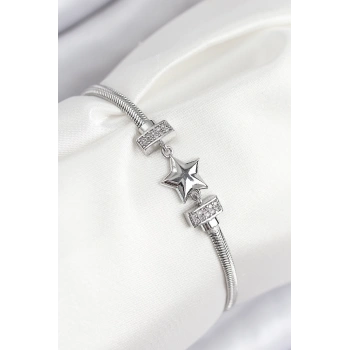 Pirinç Zirkon Taşlı Yonca Model Gümüş Renk Kadın Bileklik - TJ-BB7898