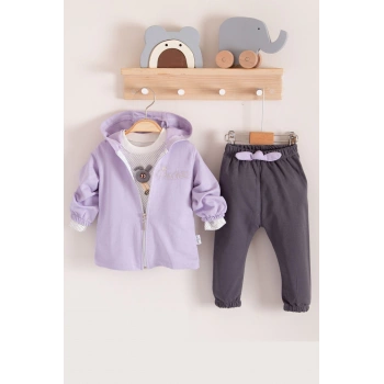 Prences Nakışlı Kapişonlu 3lü % 100 Pamuk Kız Bebek Takımı