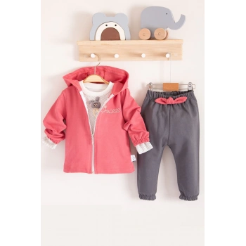 Prences Nakışlı Kapişonlu 3lü % 100 Pamuk Kız Bebek Takımı