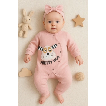 Pretty Dog Nakışlı Bandanalı % 100 Pamuk Kız Bebek Tulumu