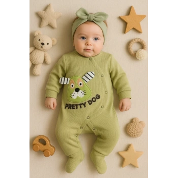 Pretty Dog Nakışlı Bandanalı % 100 Pamuk Kız Bebek Tulumu