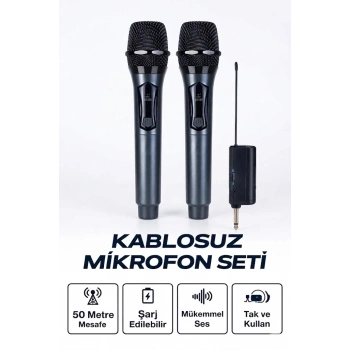 Profesyonel Çiftli Kablosuz Mikrofon Seti Karaoke Şarj Edilebilir 50 Metre