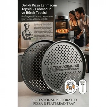 Profesyonel Delikli Pizza Tepsisi 32 cm - Yanmaz Yapışmaz Çıtır Tabanlı Karbon Çelik Lahmacun ve Börek Tepsisi 723292