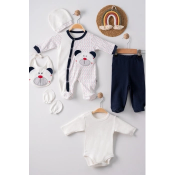 Puanlı Ayıcık Nakışlı Tulumlu % 100 Pamuk Erkek Bebek 5li Set