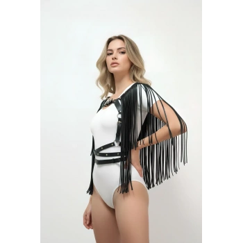 Püskül Detaylı Deri Göğüs Harness, Deri Harness Püsküllü Ceket - Brf999
