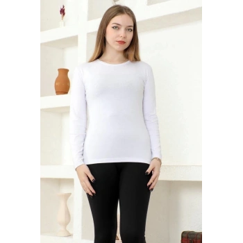 Rahat Ve Şık Uzun Kollu Bisiklet Yaka Likralı Viskon Penye Body Beyaz