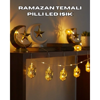 Ramazan Dekoru İçin Pilli Led Işık Altın Fener Tasarımlı