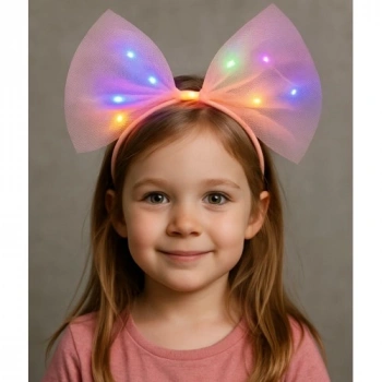 Rengarenk Led Işıklı Fiyonk Şekilli Tül Parti Tacı Pembe Renk 25x25 cm