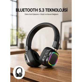Renkli Işık Efektli Bluetooth 5.3 Müzik Kulaklığı Yeni Nesil