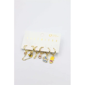 Renkli Taşlı Set Küpe - Altın