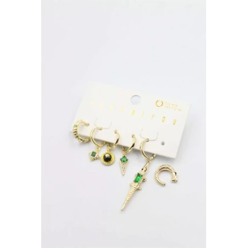 Renkli Taşlı Set Küpe - Altın