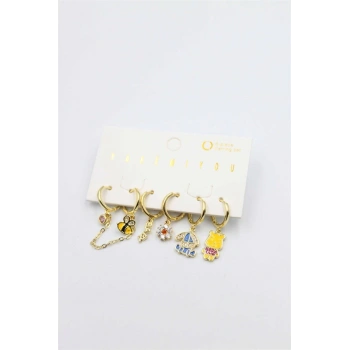 Renkli Taşlı Set Küpe - Altın