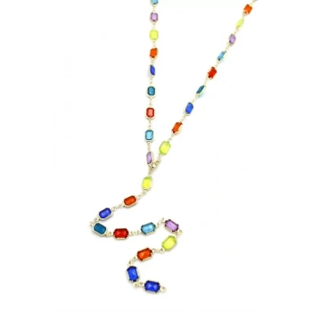 Renkli Taşlı Y Kolye - Altın