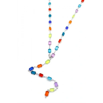 Renkli Taşlı Y Kolye - Gümüş