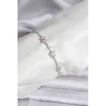 Renkli Yıldız Model Zirkon Taşlı Gümüş Renk Pirinç Su Yolu Kadın Bileklik - TJ-BB8101