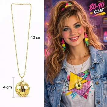 Retro Disko Topu Şekilli 80ler 90lar Altın Renk Plastik Kolye