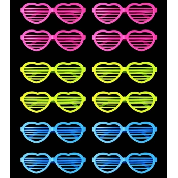 Retro Neon Fosforlu Kalp Panjur Gözlük 12 Adet – 80’ler 90’lar Parti Stili (4887)