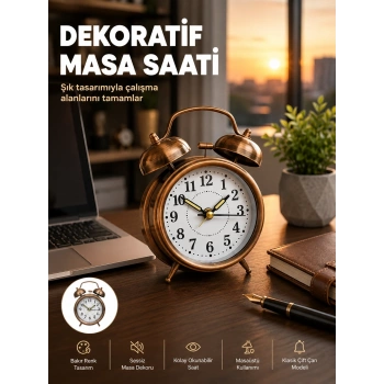 Retro Tarz Bronz Dekoratif Masa Saati Metal Gövde Yüksek Sesli Alarm